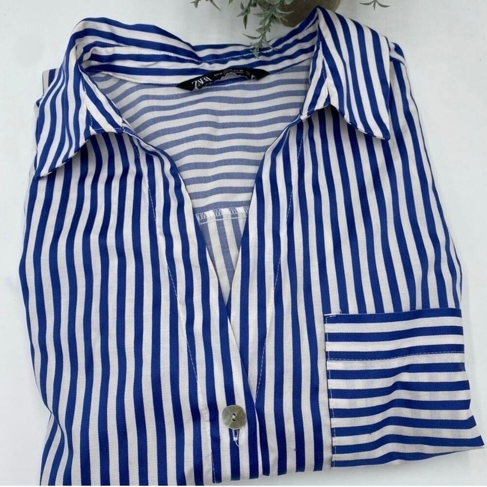 Zara Blue White Striped Collared Tunic Long Sleeve Shirt Dress Size‎ Medium